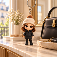 Porte-clés figurine chibi au bonnet beige et doudoune noire sur une console d'entrée parisienne claire