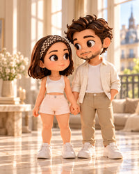 Couple de figurines 3D Chibi sans socle dans un appartement parisien