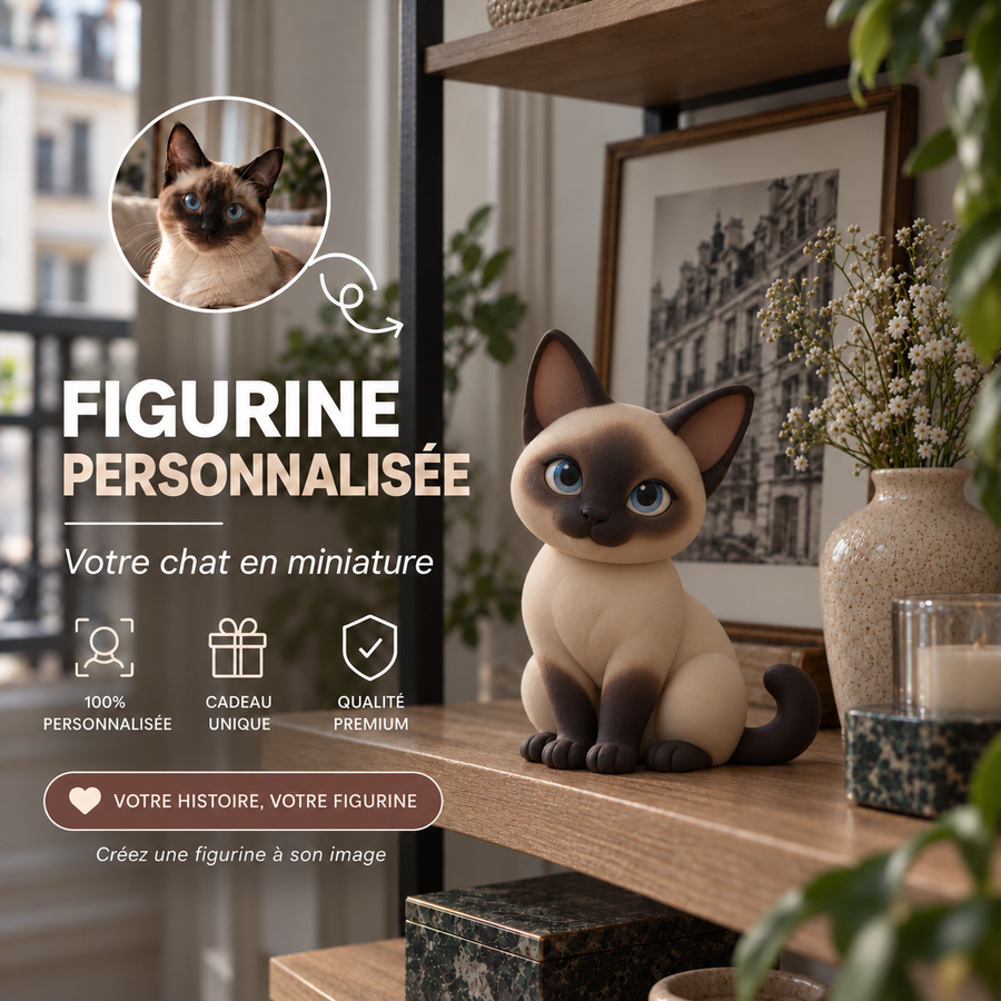 Figurine personnalisée d’un chat siamois assis, à côté de sa photo, dans un appartement parisien lumineux