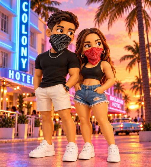 MyPopMee Miami Beach, couple sur Ocean Drive au coucher du soleil, homme bandana noir, femme bandana rouge, visuel original fourni par le propriétaire