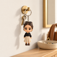 Visuel validé MyPopMee porte-clés figurine femme pull noir et jupe crème suspendue à un crochet doré dans un appartement parisien lumineux