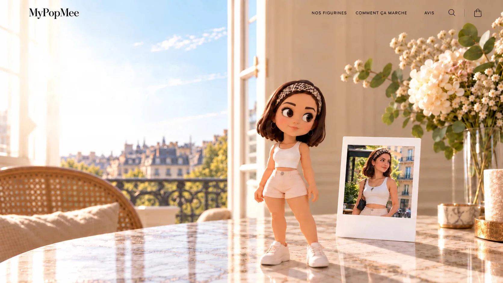 Figurine MyPopMee personnalisée debout près d’une photo Polaroid, dans un appartement parisien lumineux