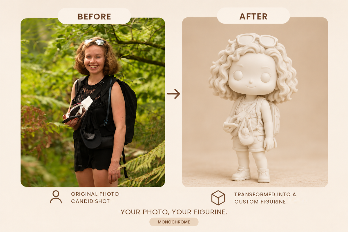 Before / After: photo transformed into a MyPopMee mini figurine